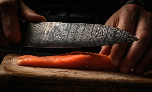 VG10 Japanese Stainless Steel Knife cutting raw salmon.